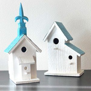 Decorative Rustic White Wood Bird House with Blue Tin Roof - Set of 2